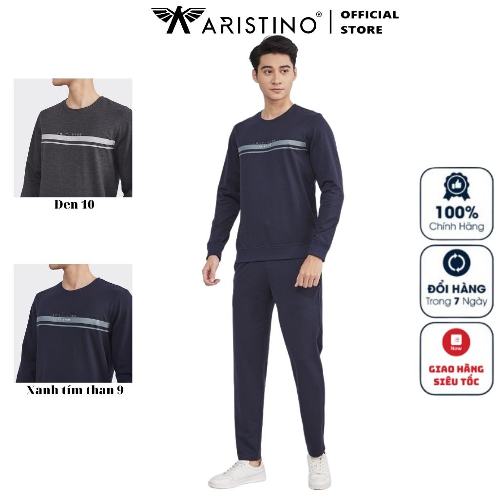 Bộ Đồ Dài Thu Đông Mặc Nhà Nam ARISTINO ALH001W2 Vải Cotton Trơn Màu Áo Cổ Tròn Dáng Suông Bo Cổ Tay Gấu Quần Cạp Chun