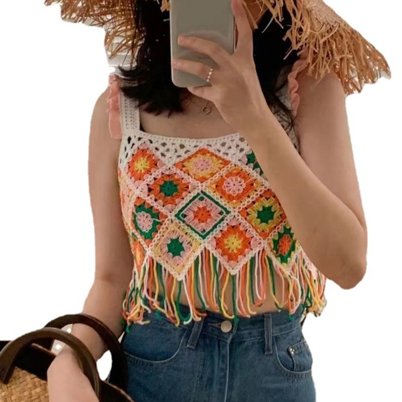 Xiangbao Áo Crop Top Dệt Kim Đan Móc Hình Học Tua Rua Màu Cầu Vồng Thích Hợp Đi Biển