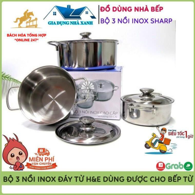 Combo Bộ 3 Nồi Inox Sharp Cao Cấp Đáy Từ H&E Dùng Được Cho Bếp Từ, Inox Sang Trọng, Vệ Sinh Đơn Giản