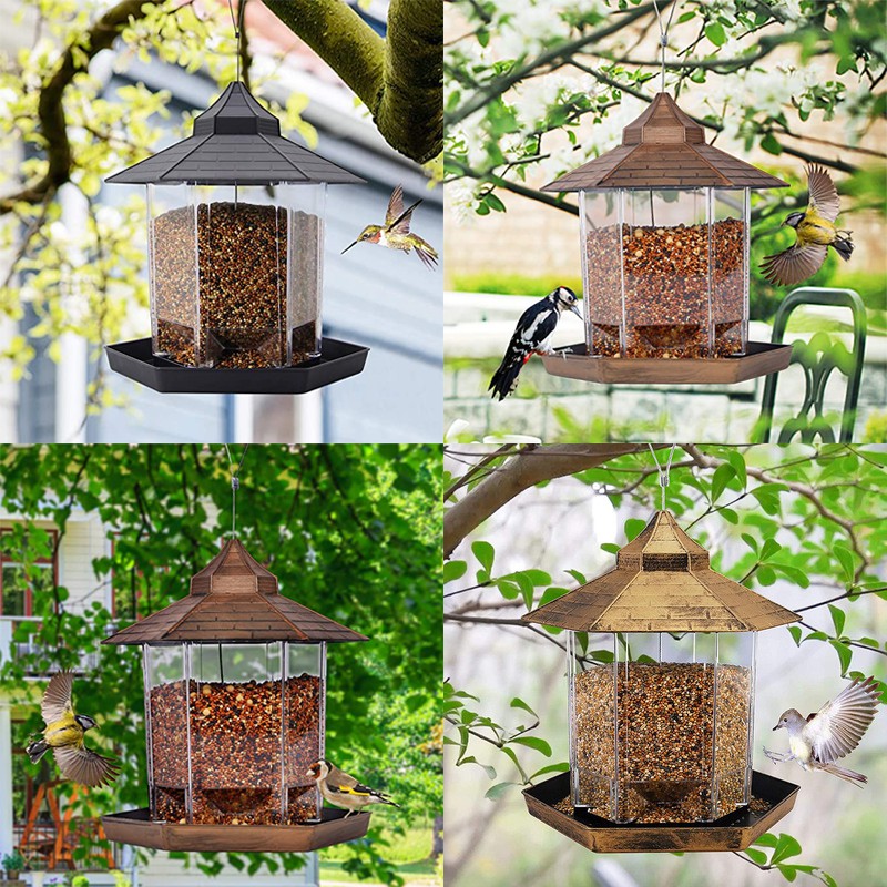 ☪ Wild Bird Feeder Hanging Gazebo Bird Water Feeders Hexagon Shaped Roof for Outside Garden Yard Decoration SPRING