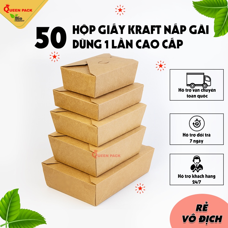 SET 50 Chiếc Hộp Giấy Kraft Nắp Gài hàng dày dặn, thân thiện môi trường, dùng cho nhà hàng, quán ăn đựng bún, mì, salad