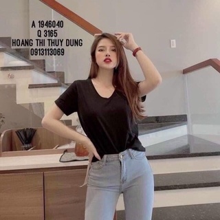 Anu783 - set 2 áo phông nữ trơn cộc tay cổ tim đen trắng