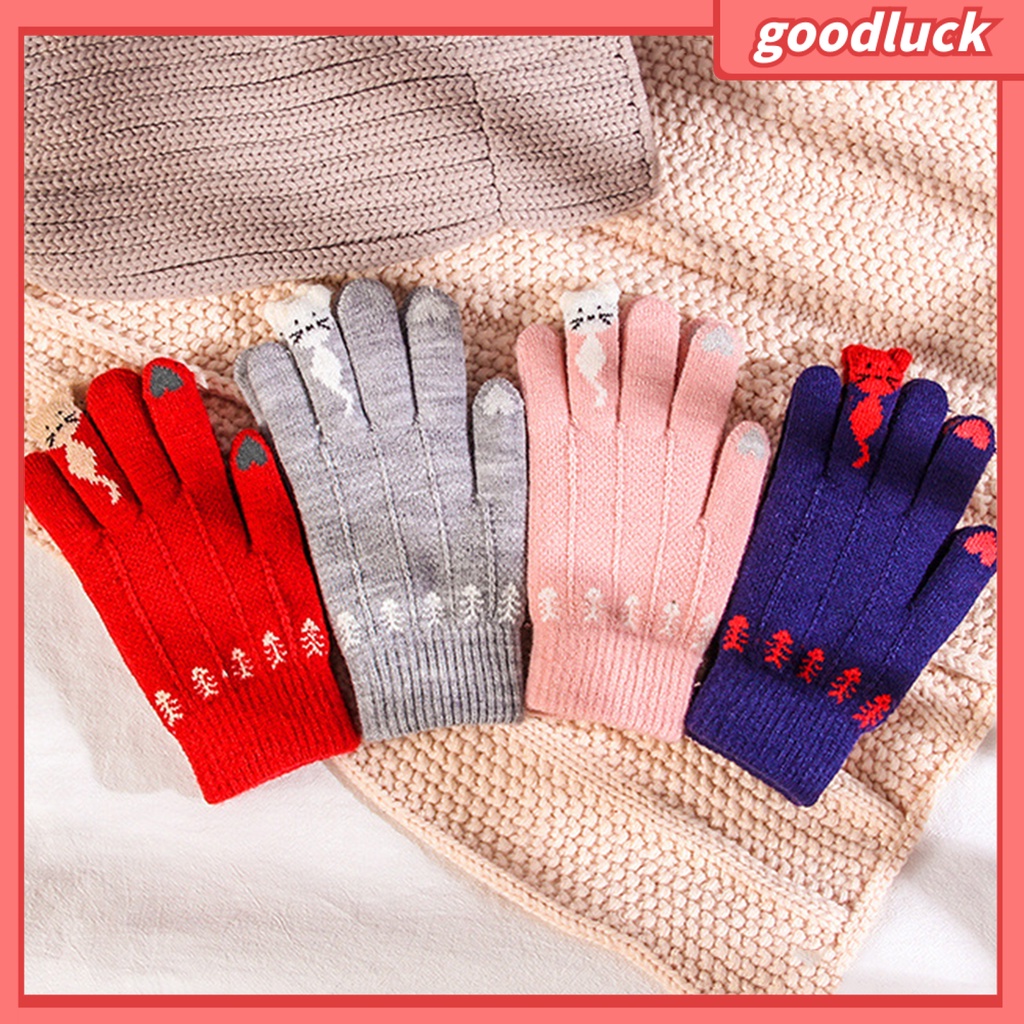 Găng tay dệt kim in hình mèo cảm ứng màn hình thời trang cho nữ