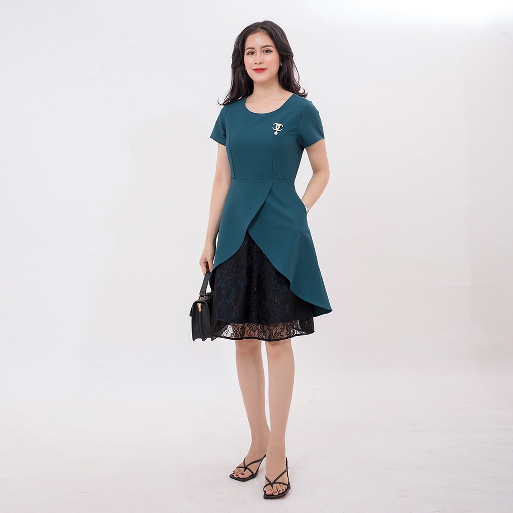 Đầm Xòe Dự Tiệc Công Sở Sang Trọng Bigsize AMYRA, Thiết Kế Dáng Xòe 3 Lớp Phối ren Qua Gối Cao Cấp Đi Làm, Dự Tiệc DA056
