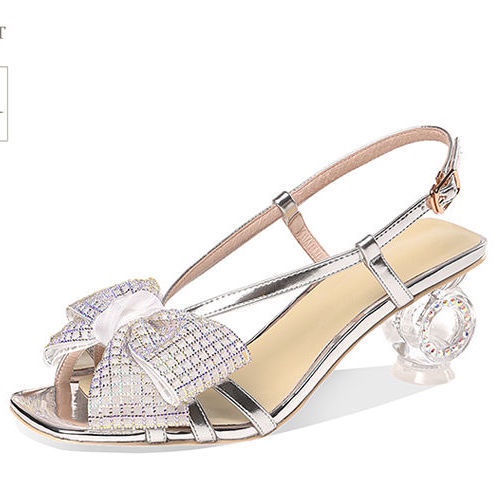 Giày Sandal Cao Gót Hở Ngón Đính Đá Và Nơ Bằng Da Mềm Thời Trang Mùa Hè Cho Nữ