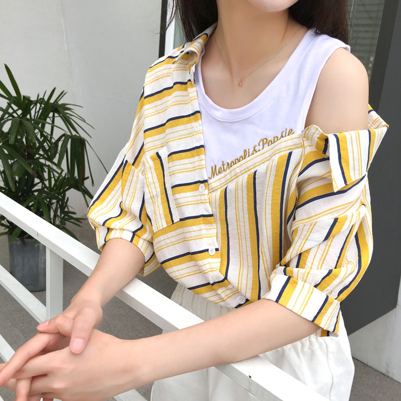 Áo Sơ Mi Tay Ngắn Giả Hai Lớp Họa Tiết Kẻ Sọc Dáng Rộng Phong Cách Hàn Quốc Thời Trang Mùa Hè 2022 Mới Dành Cho Học Sinh Tiểu Học