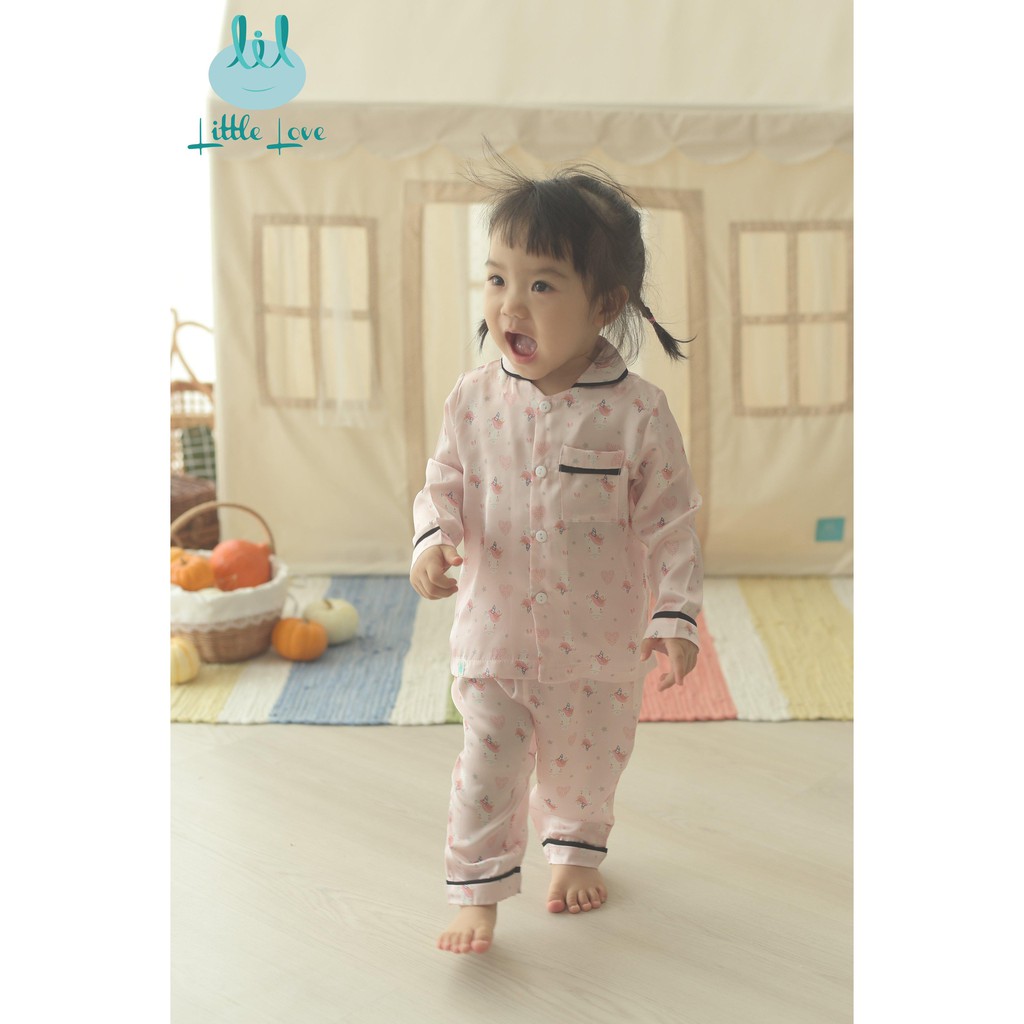 [CHÍNH HÃNG] Bộ pyjama lụa dài tay họa tiết trẻ em Little Love