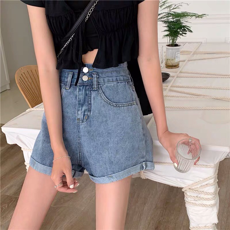 Quần Short Bò Nữ Hai Cúc Gấp Gấu TDSHOPNT Quần Shorts Jeans Denim Hàn Quốc Cá Tính