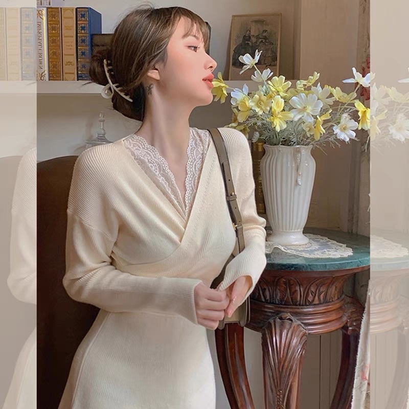 Váy len midi cổ V pha ren phong cách Hàn Quốc thu đông -hàng chuẩn không phai hàng xưởng may lại