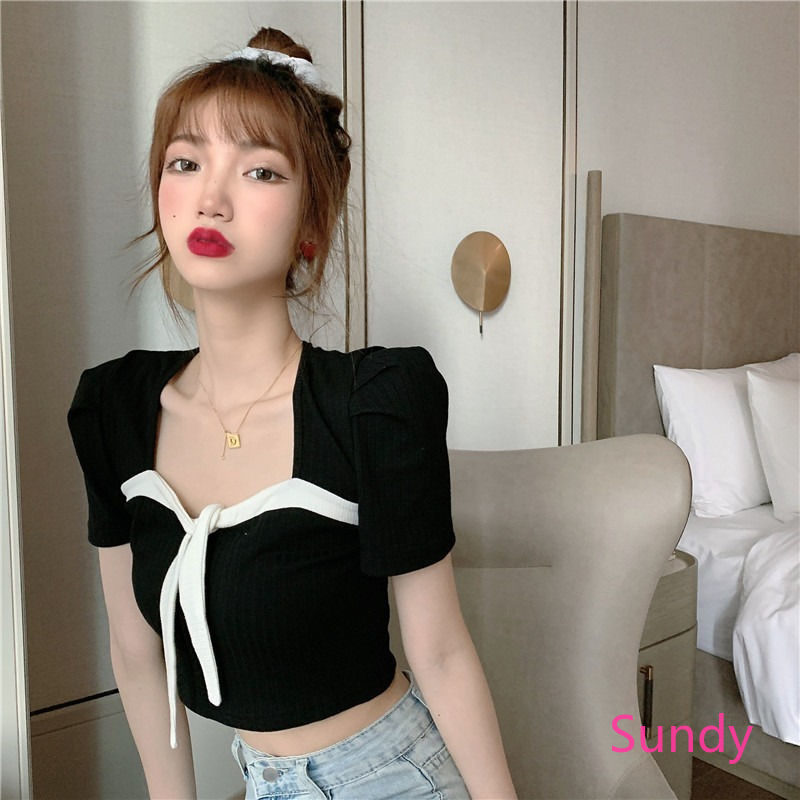 Áo Croptop Tay NGắn Phối Màu Tương Phản Năng Động Cho Nữ