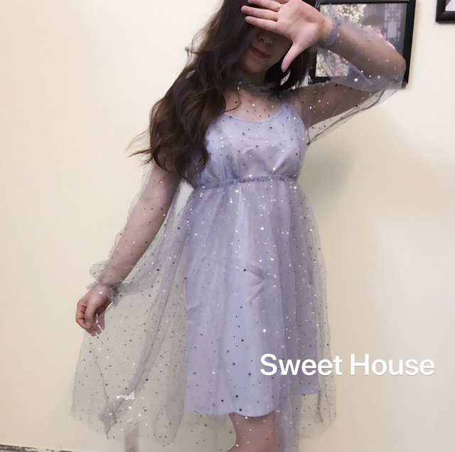 Đầm ulzzang voan nhũ đính họa tiết sao VD016(có ảnh thật)