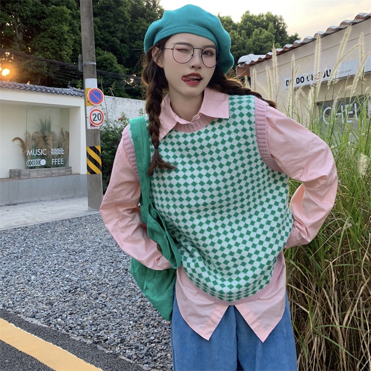 Áo len không tay họa tiết sọc caro phong cách Hàn quốc