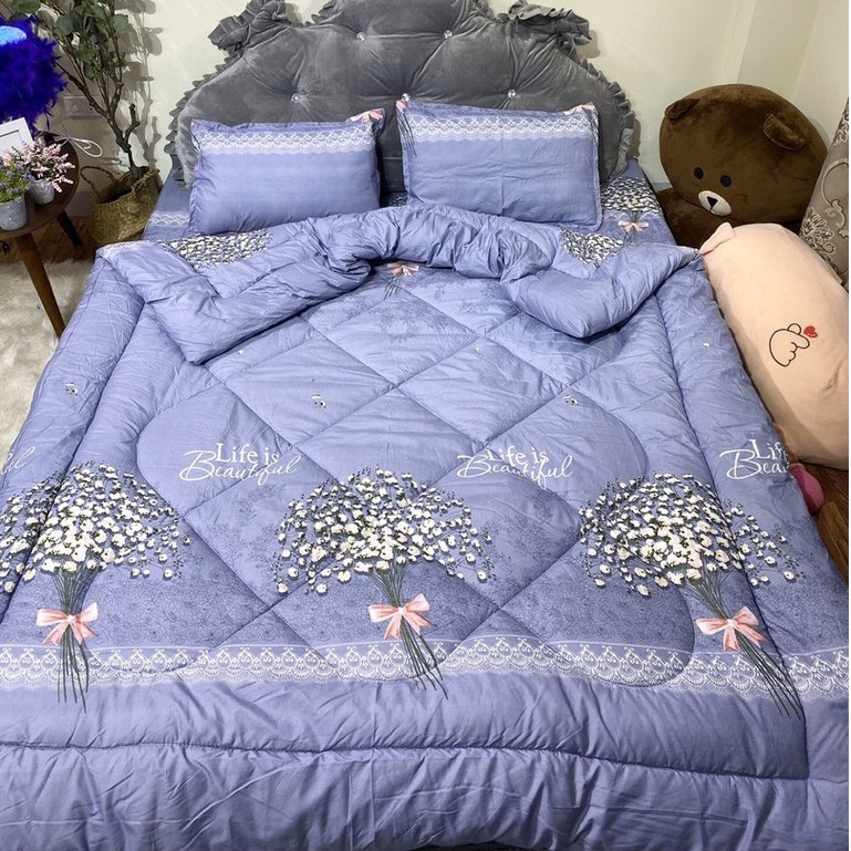 Bộ 5 món Chăn Phao Ga Gối Poly trần bông chăn phao ấm áp cho mùa đông