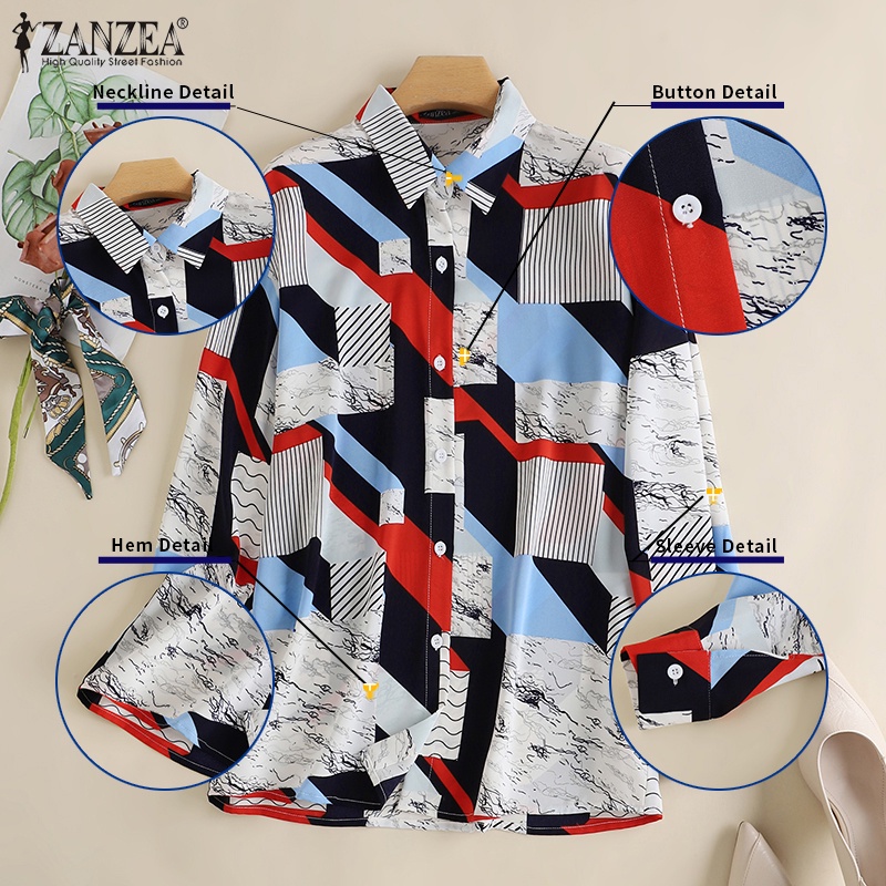 Zanzea Áo Sơ Mi Tay Dài Cổ Bẻ In Họa Tiết Hình Học Màu Tương Phản Thời Trang Cho Nữ