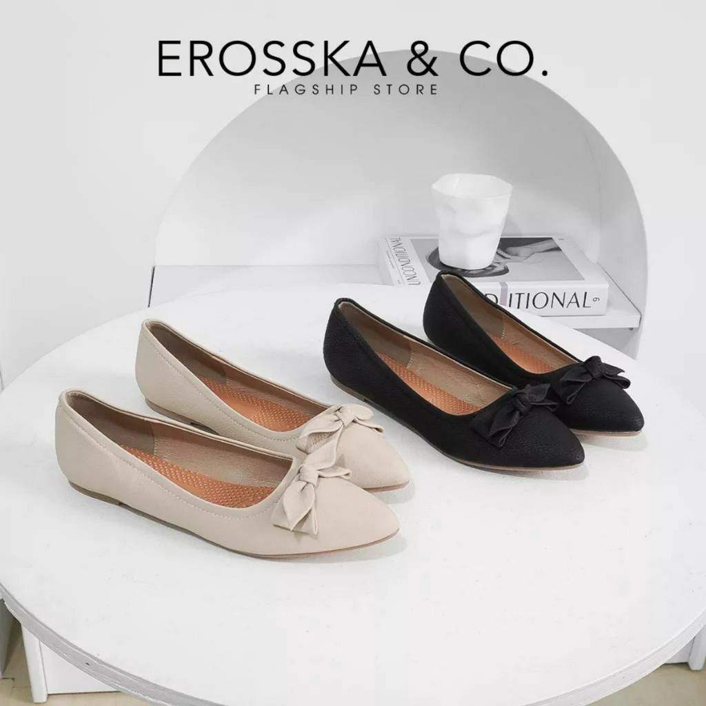 Erosska - Giày búp bê nữ đế bệt mũi nhọn đính nơ xinh xắn màu kem _ EF016 -