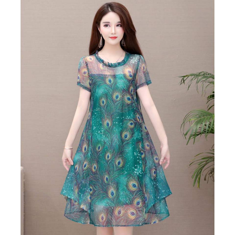 [Hàng đẹp xả giá rẻ] Đầm trung niên vải Chiffon mát, họa tiết chim công sắc nét