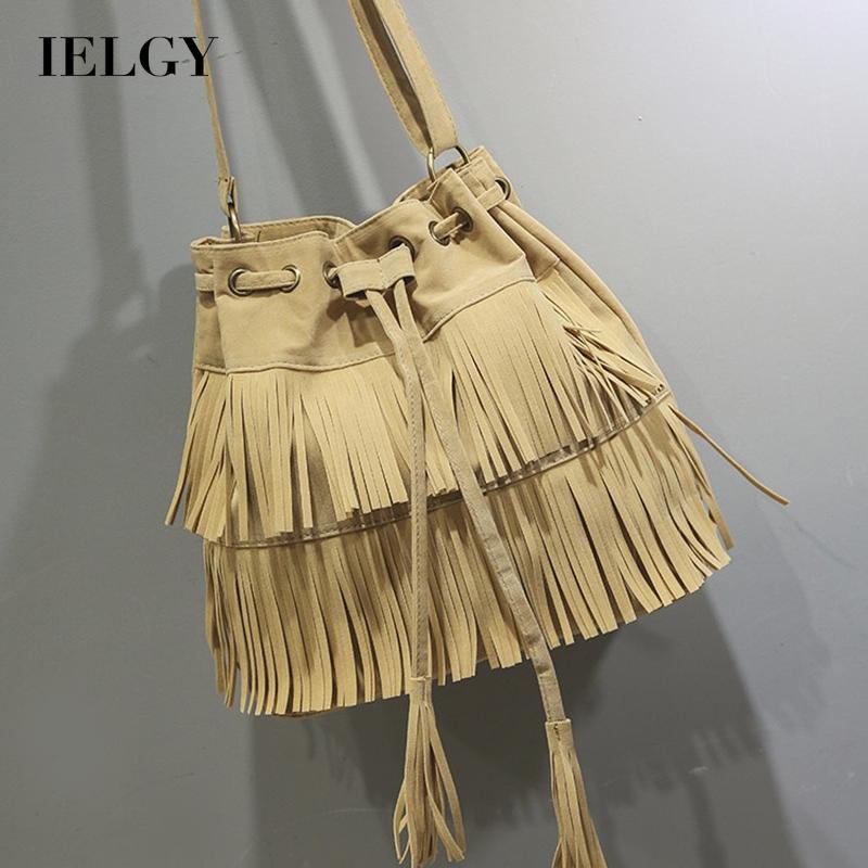 IELGY Túi Xách Rút Dây Đeo Chéo Mềm Mại Phối Tua Rua Thời Trang Cho Nữ
