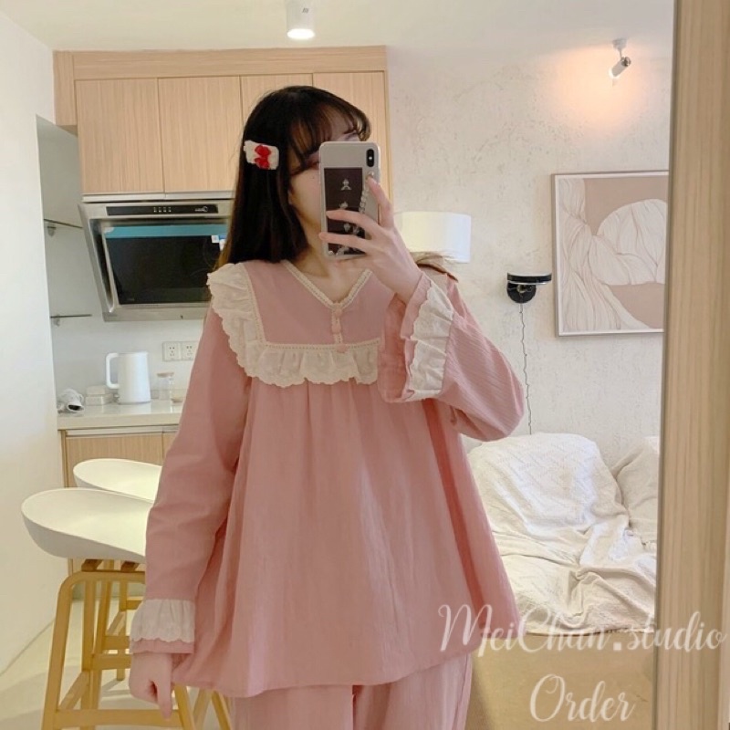 ĐỒ BỘ NỮ MẶC NHÀ tay dài cổ phối bèo viền ren tiểu thư Quảng Châu