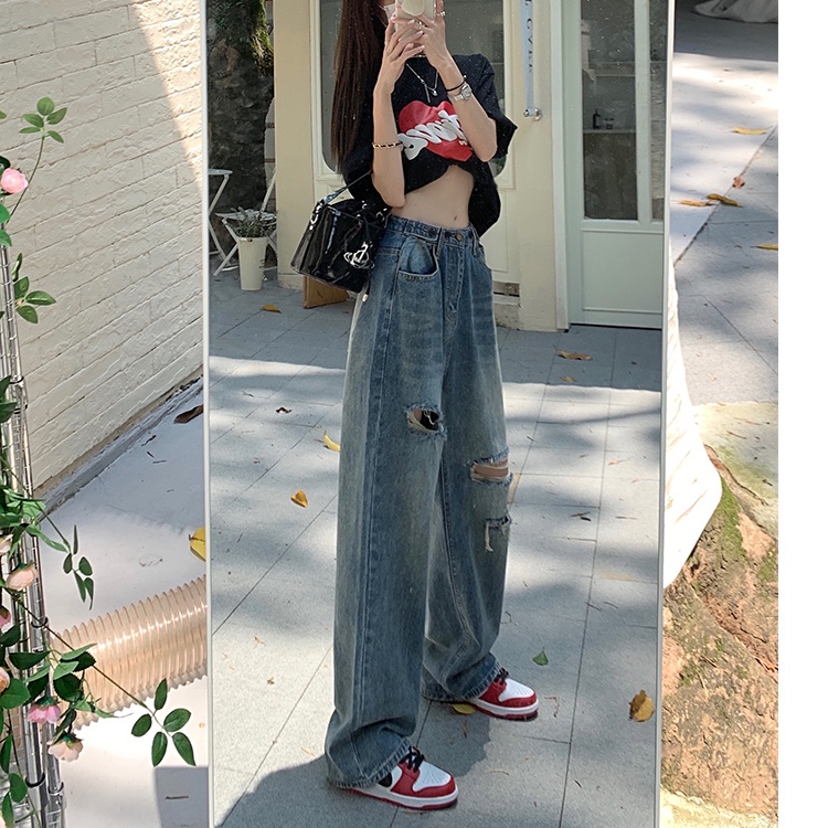 HUANG YOYO Quần Jeans Nữ Lưng Cao Ống Rộng Rách Gối Thời Trang Hàn Quốc