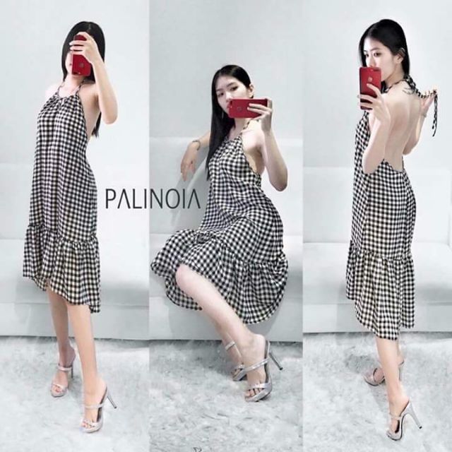 đầm caro yếm hở lưng