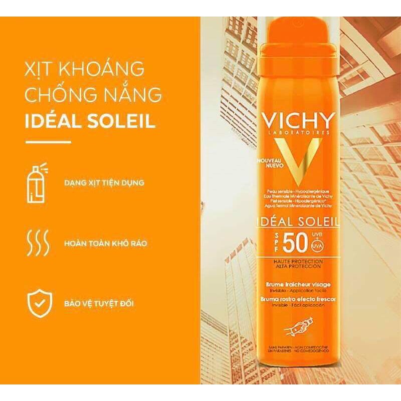 Xịt Khoáng Chống Nắng Giảm Dầu, Khô Ráo Và Không Gây Nhờn Rít SPF 50 PA+++ UVA ,UVB Vichy Ideal Soleil - 75ml