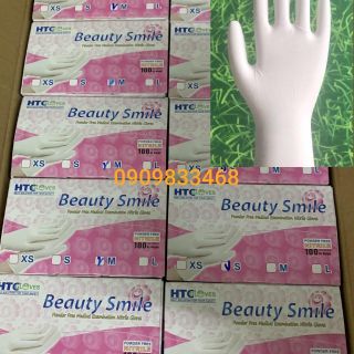 Găng tay y tế HTC Nitrile Beauty Smile không bột màu trắng 100 chiếc/hộp (50 cái)