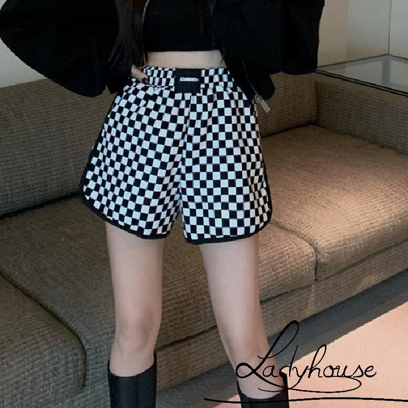 Ld-quần Short Thể Thao Eo Cao In Họa Tiết Kẻ Ô Hai Bên Có Túi Phong Cách Thể Thao Thời Trang Xuân Hè Dành Cho Nữ