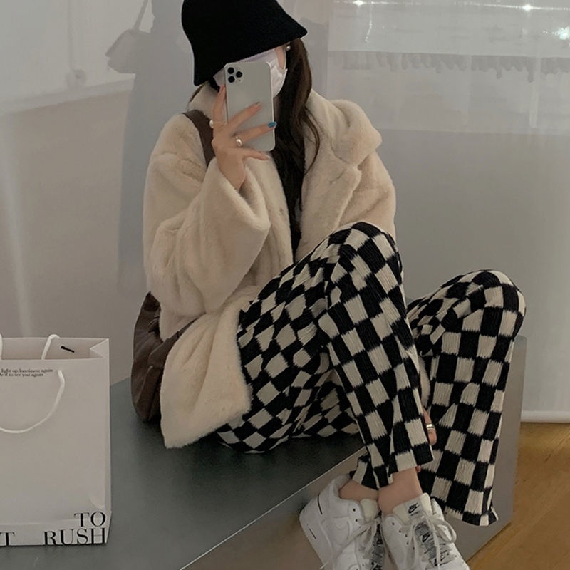 【77】Quần dài dáng rộng vải nhung dày phong cách Hàn Quốc thời trang thu đông mới cho nữ