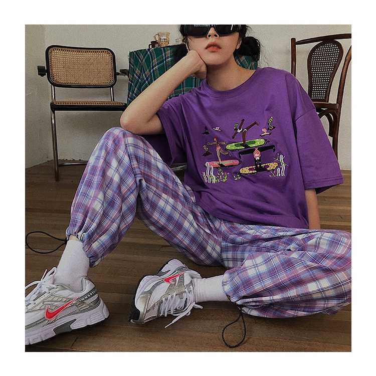 COZOK Quần Dài Lưng Cao Ống Rộng Họa Tiết Sọc Caro Phong Cách Retro Thời Trang