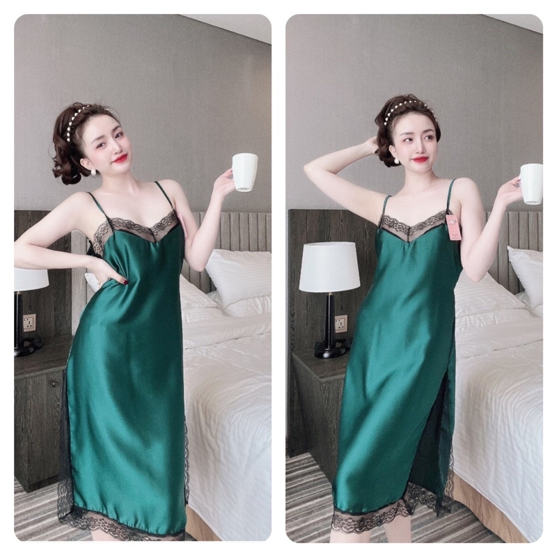 Váy Ngủ Nữ Biagsize, Đầm Ngủ Nữ lụa 2 Dây Sexy Nữ, lụa satin phối ren, Freesize 40_70kg, tuỳ chiều cao