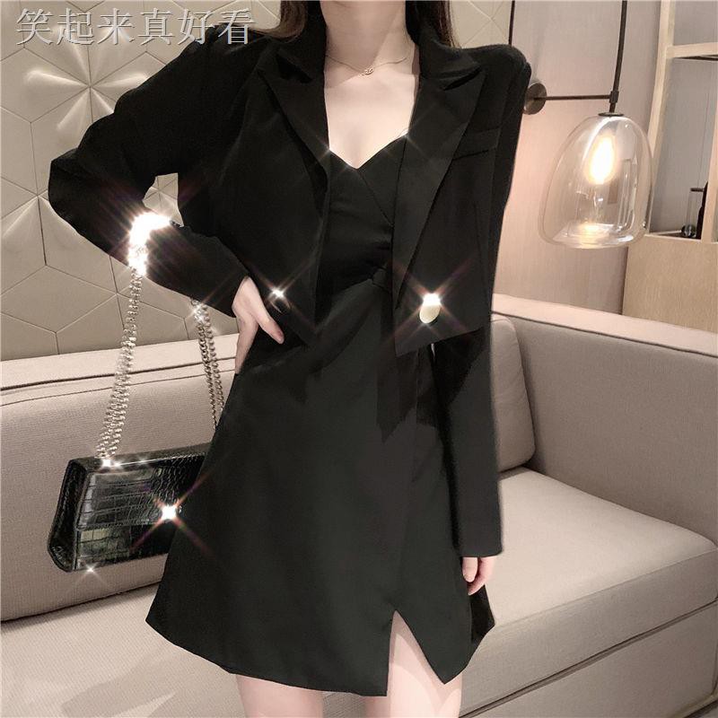 Set Đầm Hai Dây Màu Đen + Áo Khoác Blazer Đính Đá Thời Trang Quyến Rũ Cho Nữ