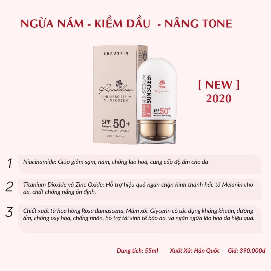 Kem Chống Nắng Ngừa Nám Kiềm Dầu Nâng Tone Da BEAUSKIN Rosedew Tone Up No Sebum Sun Cream 55ml - Hàn Quốc