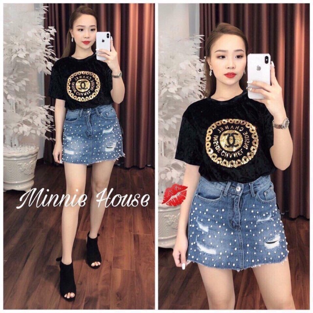 Áo thun nhung đính kim sa