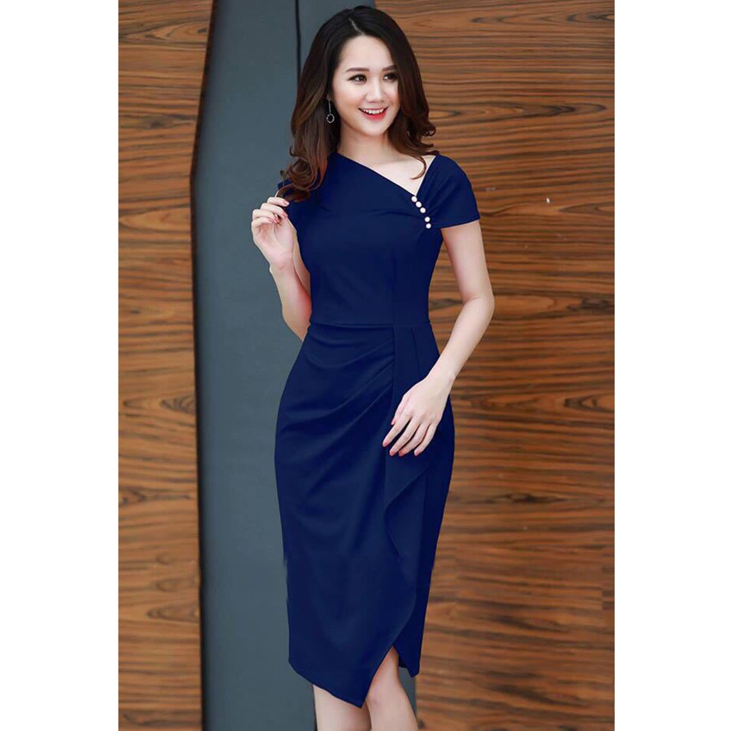 ĐẦM NỮ ÔM BODY LỆCH VAI XẾP LY ĐÍNH NGỌC VẢI UMI MỀM MỊN CO GIÃN V284 | BigBuy360 - bigbuy360.vn