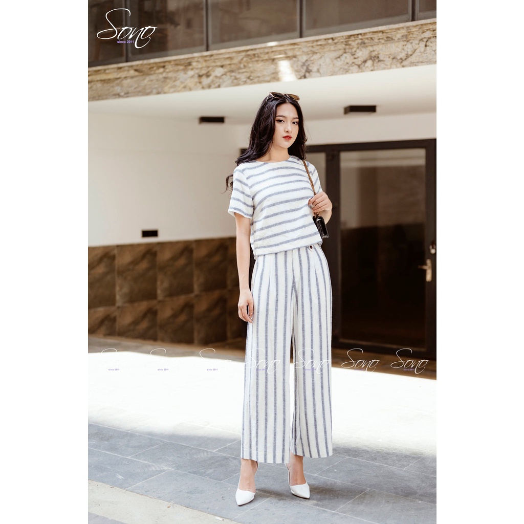 Sono - Bộ Dài Linen Kẻ Sọc Phối Hàng Cúc Sau Set Bộ Mặc Đi Chơi Đi Làm Thanh Lịch
