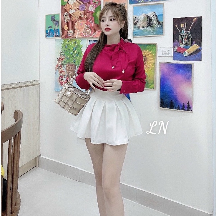 Áo sơ mi lụa công sở cổ nơ tay chun nhiều màu