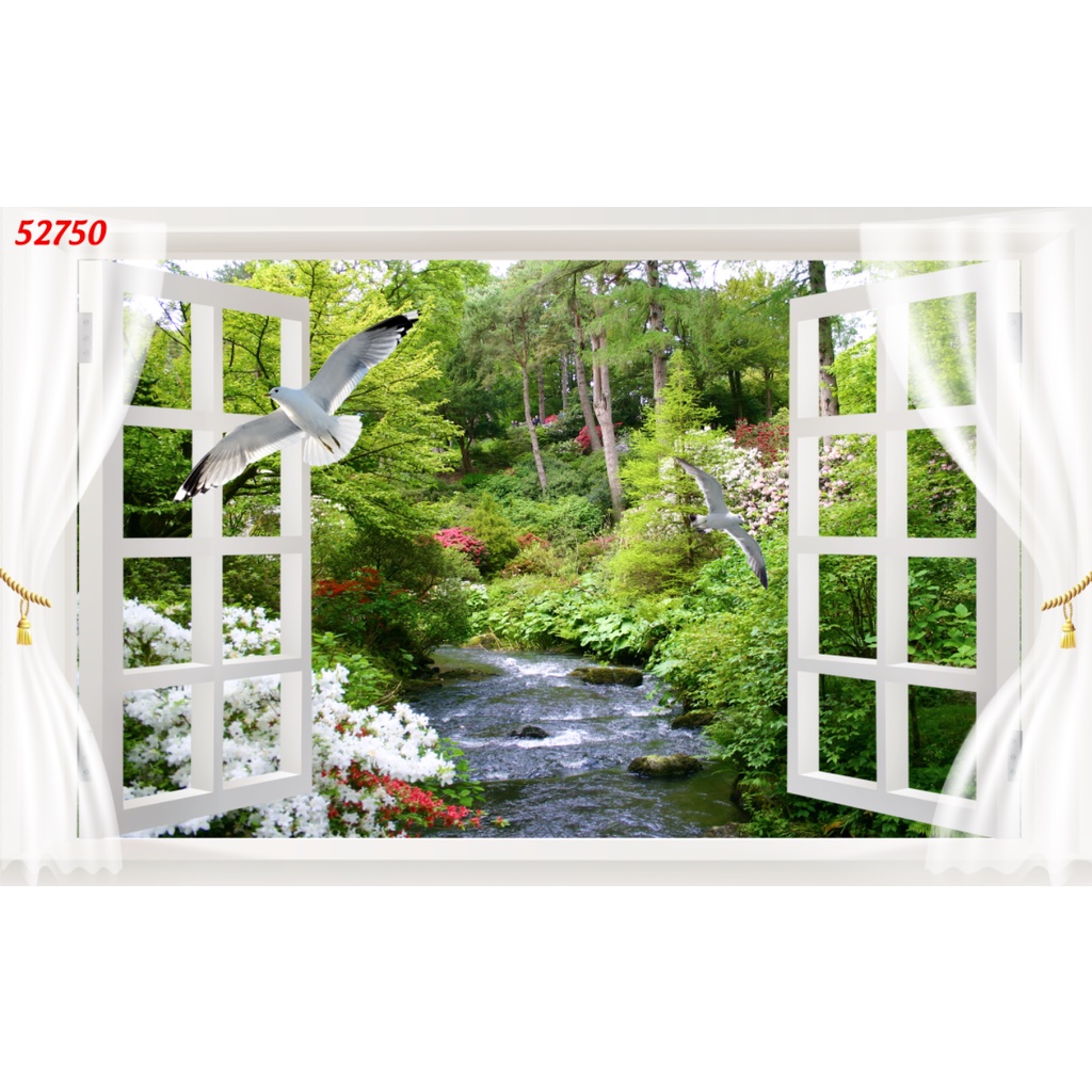 Tranh 3d cửa sổ nhìn ra phong cảnh sang trọng hiện đại không phai màu, chống thấm nước