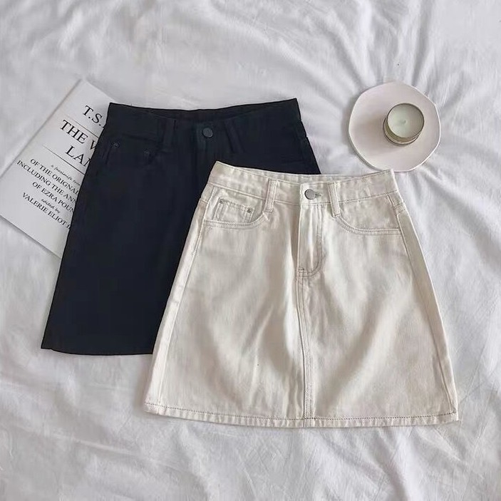 NUZIRO Chân váy denim  dáng chữ A màu trơn phong cách Hàn Quốc cho nữ