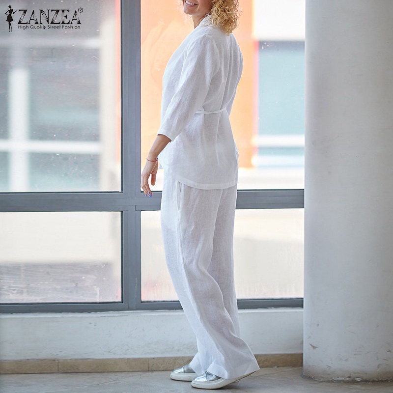 Set đồ 2 mảnh ZANZEA gồm áo tay 3/4 cổ chữ V kèm quần ống rộng lưng cao cho nữ