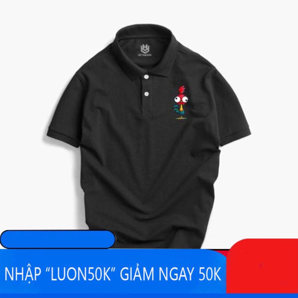 Áo Thun Có Cổ Nam Nữ Vải Cá Sấu 4 Chiều, Áo Thun Cổ Trụ In Hình Logo Con Gà Đầu Đỏ Phong Cách Hàn Quốc, HY Korea