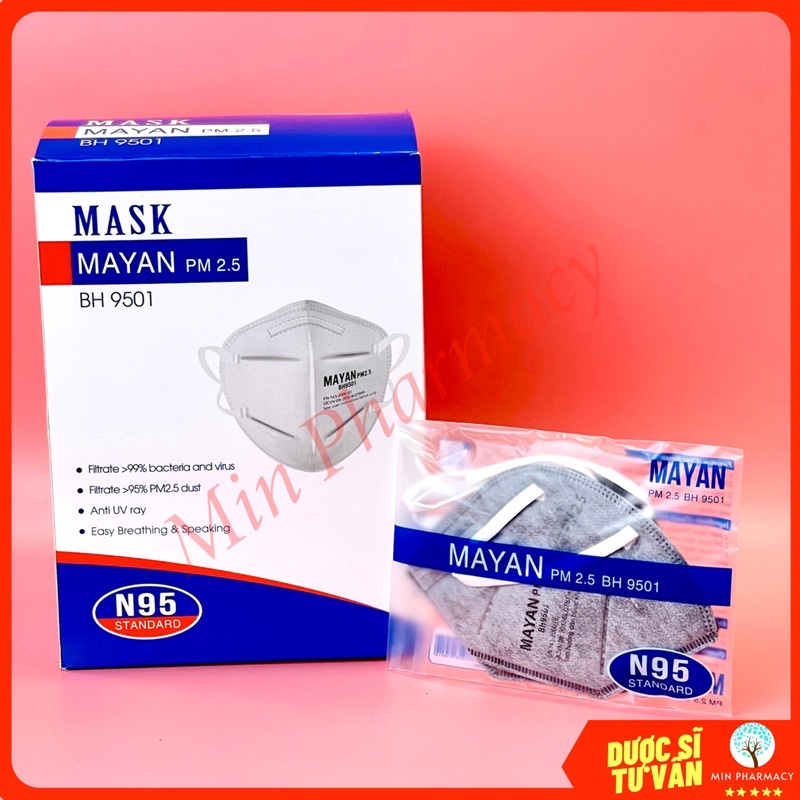 Khẩu trang hoạt tính Mayan N95 PM2.5 BH9501/ Mayan N95 có van (túi 2 cái) - Minpharmacy