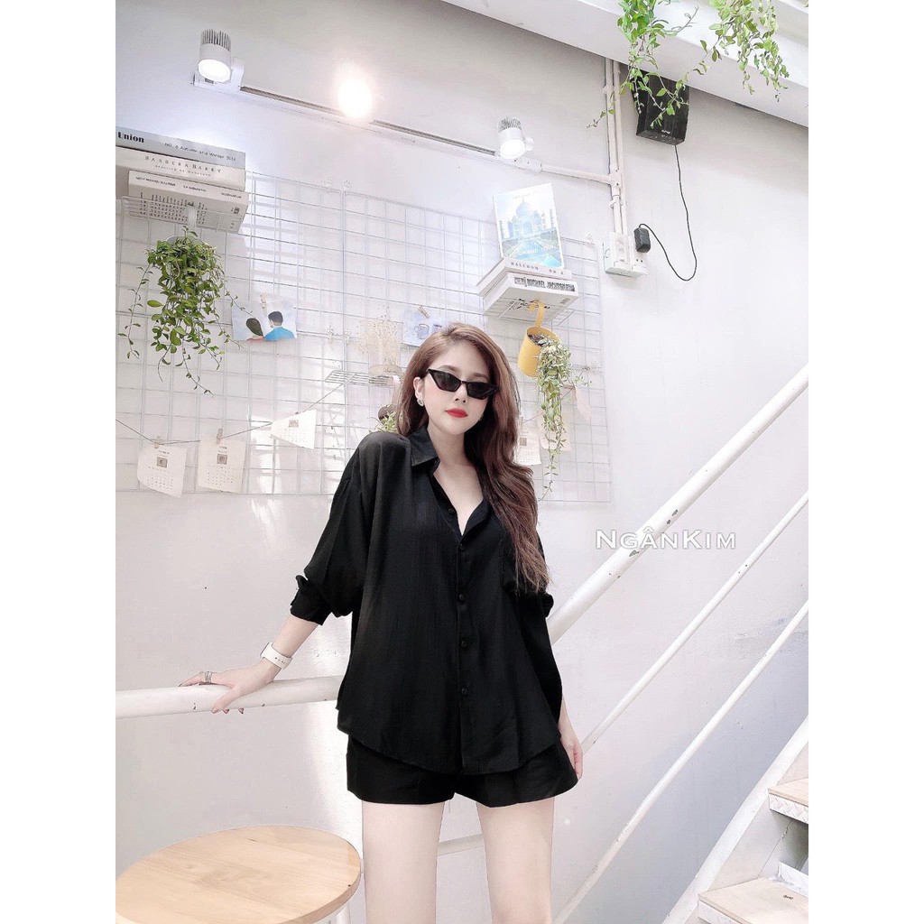 Áo sơ mi nữ phom rộng vải tơ bóng xinh xắn