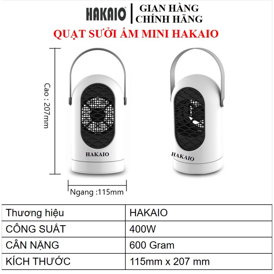 Quạt sưởi ấm mini Hakaio Công Suất 400W Với 2 Cấp Độ Dùng Cho Phòng Diện Tích 20m bảo hành 6 tháng