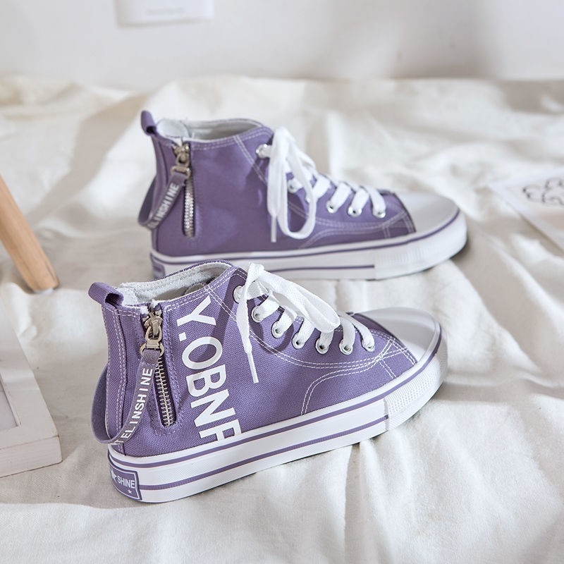 Giày Vải Canvas Cổ Cao Phối Khóa Dây Kéo Bên Hông Phong Cách Harajuku Hàn Quốc Mới Cho Nữ