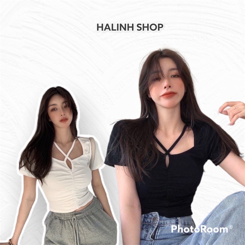 Áo Coptop Dây Chéo Ngực Đen Trắng Ghi By Hạ Linh Store