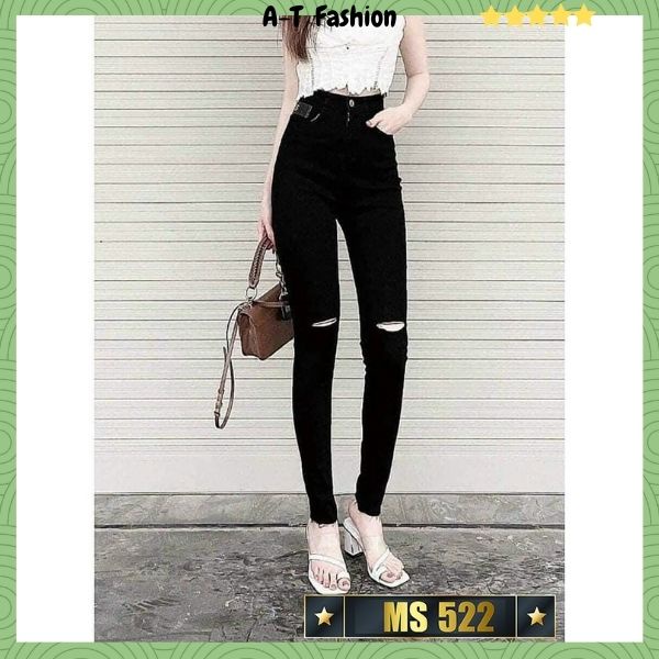 Quần jean nữ rách lưng cao phối túi kiểu skinny ôm dáng, quần bò nữ đẹp co giãn thời trang A-T Fashion - MQ522