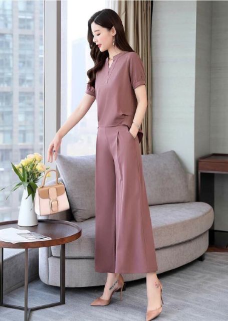 Hàng nhập - Set bộ nữ ống rộng cổ V nẹp
