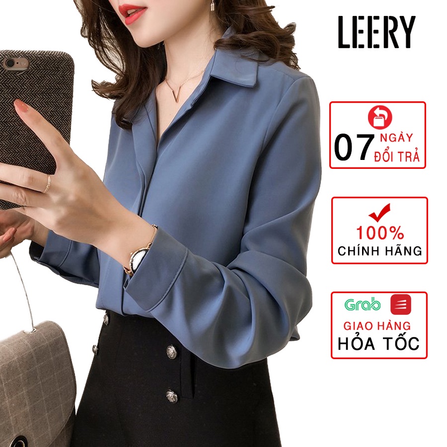 Áo sơ mi nữ công sở dài tay kiểu Hàn Quốc form rộng chất lụa đẹp cao cấp màu Trắng Đen Xanh Be LEERY SM-01 - Hàng mới về