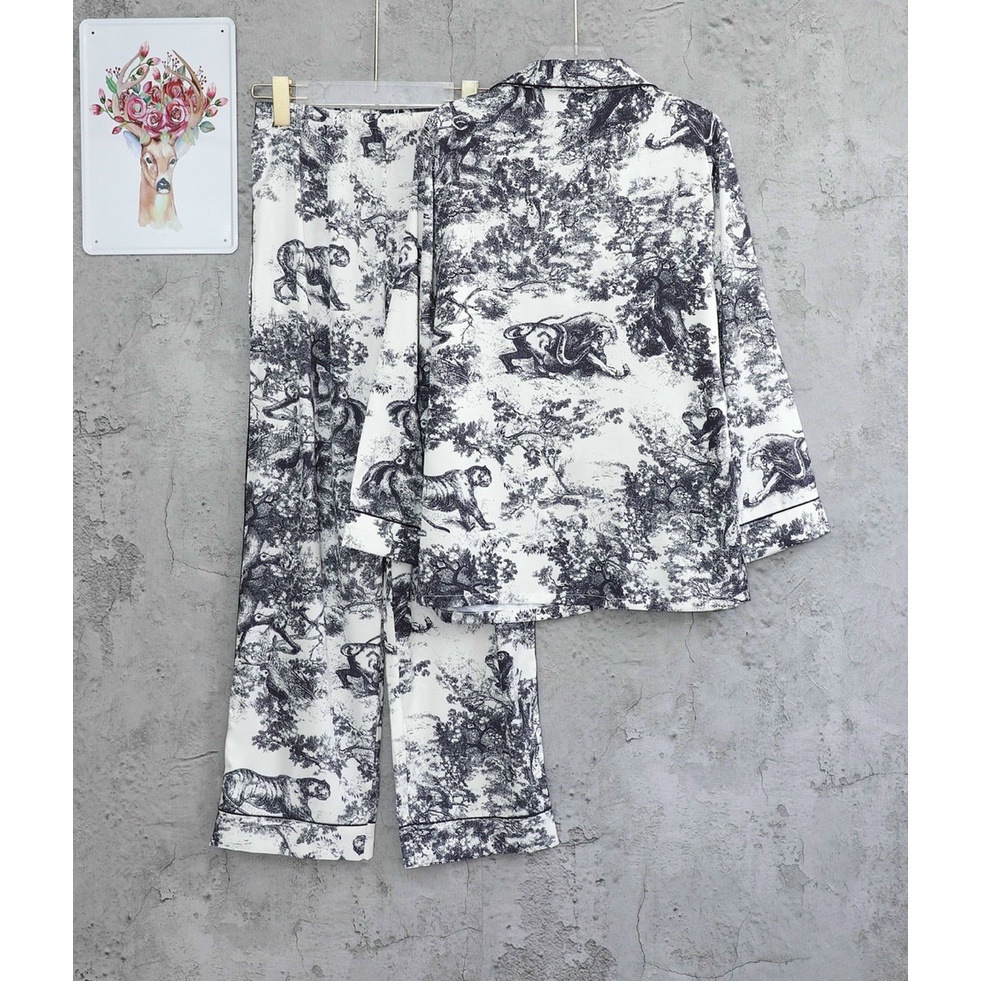Pyjama lụa họa tiết vằn trắng đen hàng Quảng Châu
