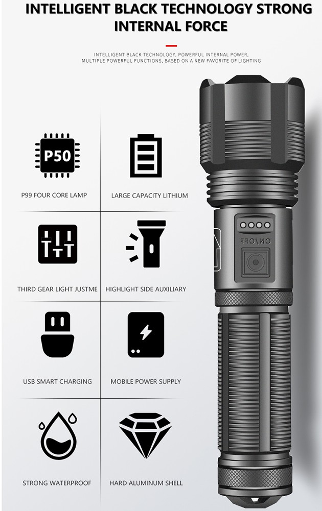  Đèn Pin Xhp50 Led 60000 Lumens Với Cổng Sạc Usb 18650